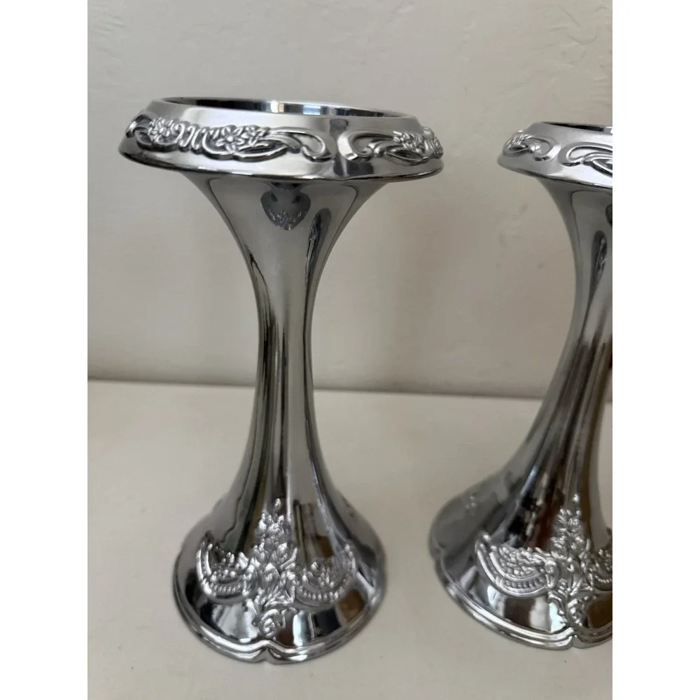 Vintage Baroque Style Cast Aluminum‎ Pillar Taper Embossed Candlesticks Pair